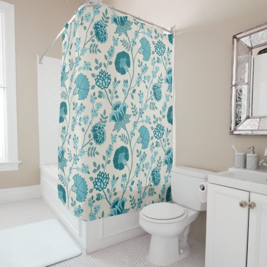 Jacobean Floral Big Pattern Teals op Cream Douchegordijn (In situ)
