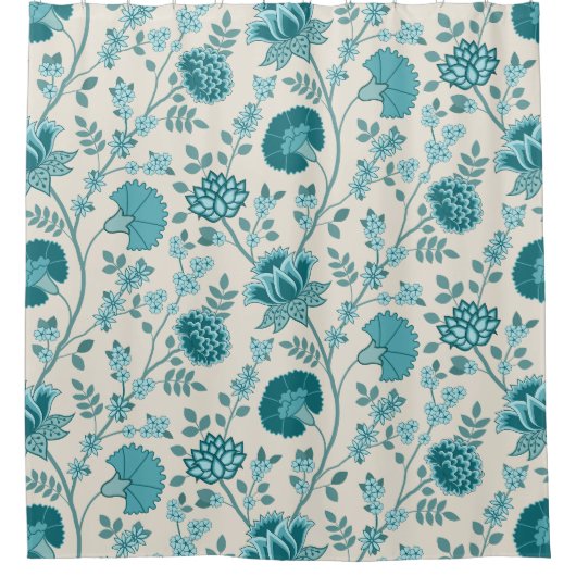 Jacobean Floral Big Pattern Teals op Cream Douchegordijn (Voorkant)
