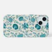 Jacobean Floral Big Pattern Teals op Cream iPhone 15 Case (Achterkant horizontaal)
