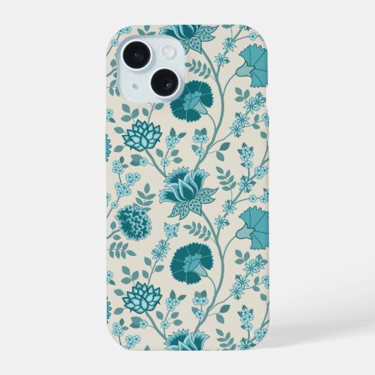 Jacobean Floral Big Pattern Teals op Cream iPhone 15 Case (Achterkant)