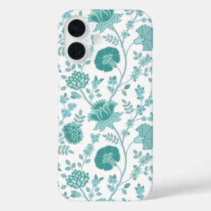 Jacobean Floral Big Pattern Teals op wit iPhone 16 Hoesje