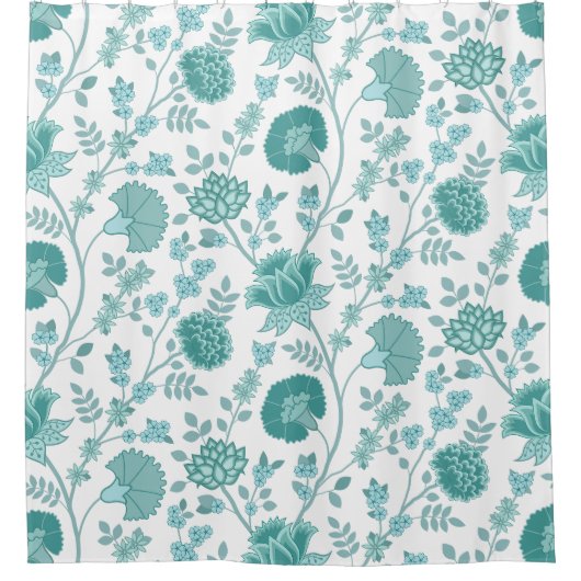 Jacobean Floral Big Pattern Teals op wit Douchegordijn (Voorkant)