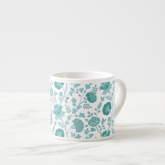 Jacobean Floral Big Pattern Teals op wit Espresso Kop (Voorkant rechts)