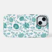 Jacobean Floral Big Pattern Teals op wit iPhone 15 Case (Achterkant horizontaal)