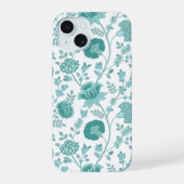 Jacobean Floral Big Pattern Teals op wit iPhone 15 Case (Achterkant)