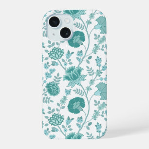 Jacobean Floral Big Pattern Teals op wit iPhone 15 Case