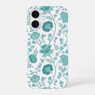 Jacobean Floral Big Pattern Teals op wit iPhone 16 Hoesje