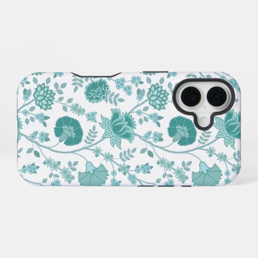Jacobean Floral Big Pattern Teals op wit iPhone 16 Hoesje (Achterkant horizontaal)