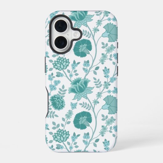 Jacobean Floral Big Pattern Teals op wit iPhone 16 Hoesje (Achterkant)