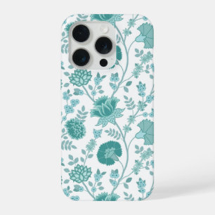 Jacobean Floral Big Pattern Teals op wit iPhone 15 Pro Case