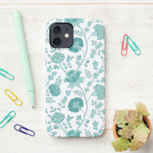 Jacobean Floral Big Pattern Teals op wit iPhone 12 Hoesje
