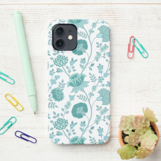Jacobean Floral Big Pattern Teals op wit iPhone Hoesje (Op bureau)