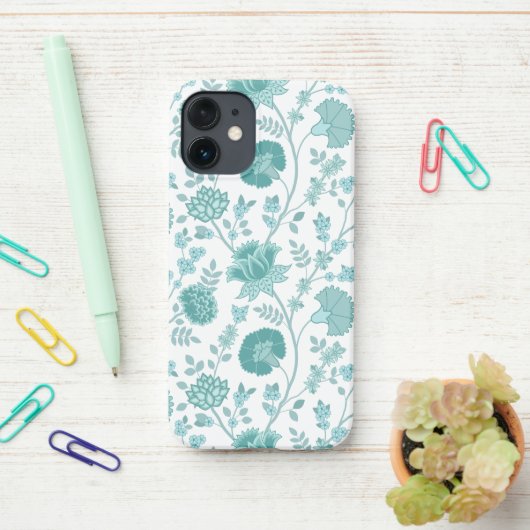 Jacobean Floral Big Pattern Teals op wit iPhone Hoesje (Op bureau)
