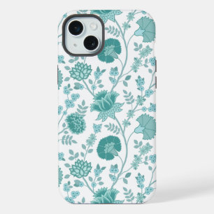 Jacobean Floral Big Pattern Teals op wit iPhone 15 Plus Case