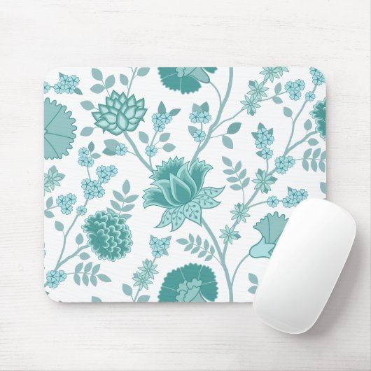 Jacobean Floral Big Pattern Teals op wit Muismat (Met muis)