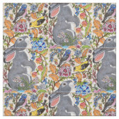 Jacobean Floral Bunny Rabbit Birds Designer Fabric Stof (Close Up)