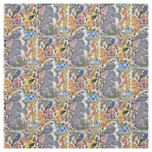Jacobean Floral Bunny Rabbit Birds Designer Fabric Stof (Swatch)