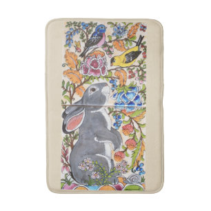 Jacobean Floral Bunny Rabbit en Birds Bath Mat