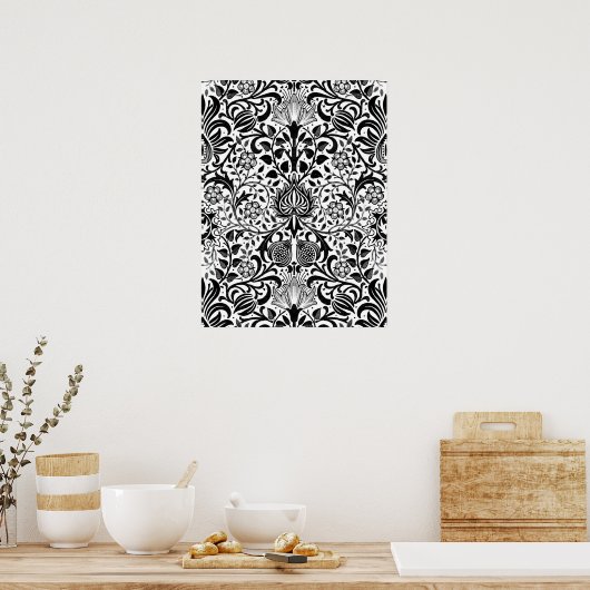 Jacobean Floral Damask, Black, White en Gray Pos Poster (Keuken)