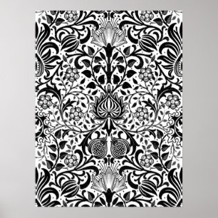 Jacobean Floral Damask, Black, White en Gray Pos Poster