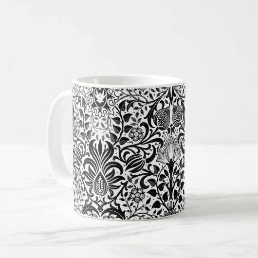 Jacobean Floral Damask, Black, White en Grey Koffiemok (Voorkant links)