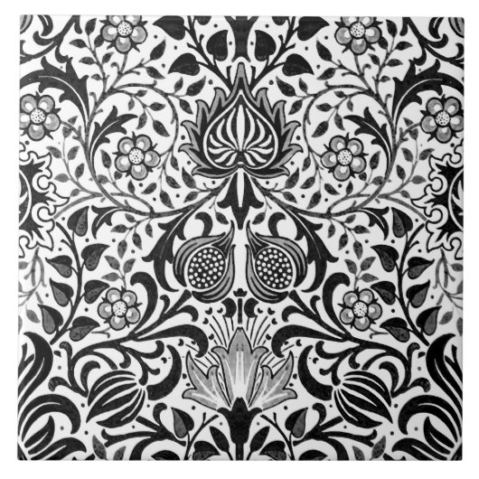 Jacobean Floral Damask, Black, White en Grey  Tegeltje (Voorkant)