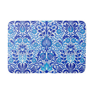 Jacobean Floral Damask, Cobalt Blue en White Badmat