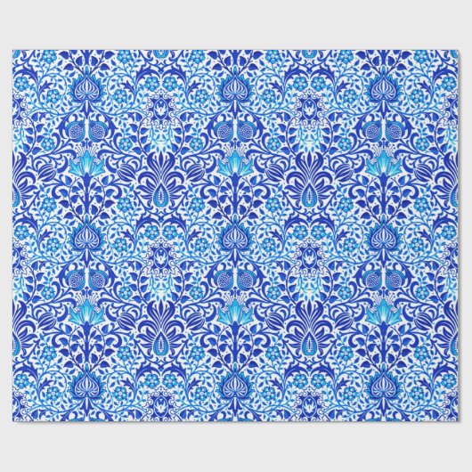 Jacobean Floral Damask, Cobalt Blue en White Cadeaupapier (Vlak)