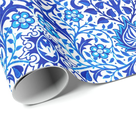Jacobean Floral Damask, Cobalt Blue en White Cadeaupapier (Rol Hoek)