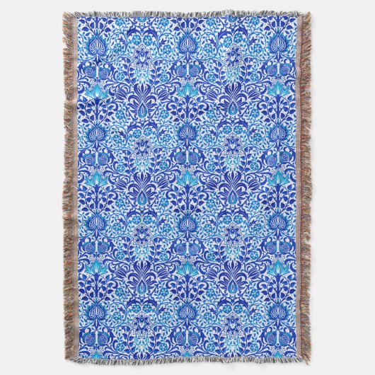Jacobean Floral Damask, Cobalt Blue en White Deken (Voorkant Verticaal)