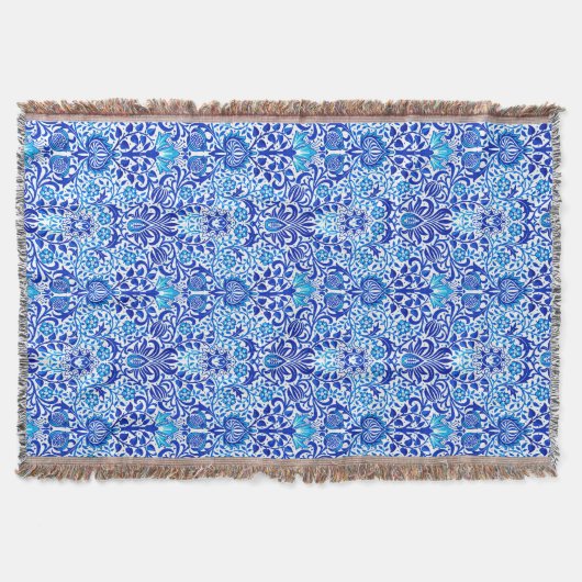 Jacobean Floral Damask, Cobalt Blue en White Deken (Voorkant)