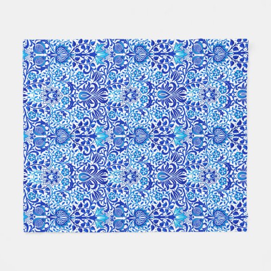 Jacobean Floral Damask, Cobalt Blue en White Fleece Deken (Voorkant (Horizontaal))