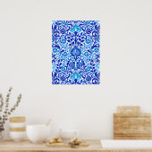 Jacobean Floral Damask, Cobalt Blue en White Poster (Keuken)
