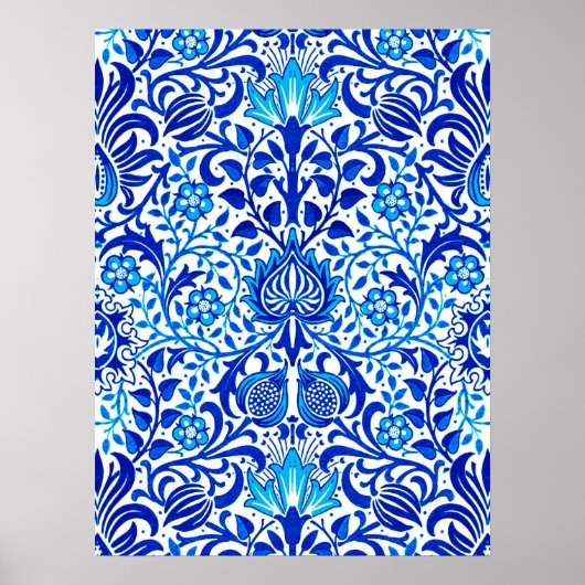 Jacobean Floral Damask, Cobalt Blue en White Poster (Voorkant)