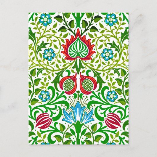 Jacobean Floral Damask, Green en Coral Red Briefkaart (Voorkant)