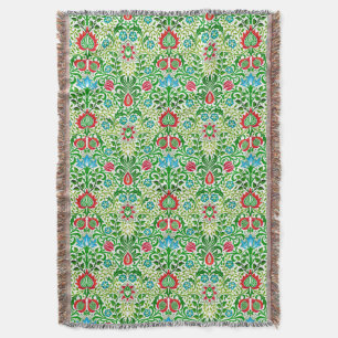 Jacobean Floral Damask, Green en Coral Red Deken