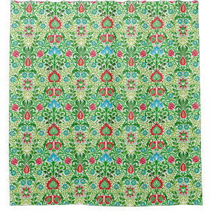 Jacobean Floral Damask, Green en Coral Red Douchegordijn