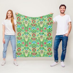 Jacobean Floral Damask, Green en Coral Red Fleece Deken