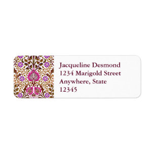 Jacobean Floral Damask, Pink, Violet en Brown Etiket