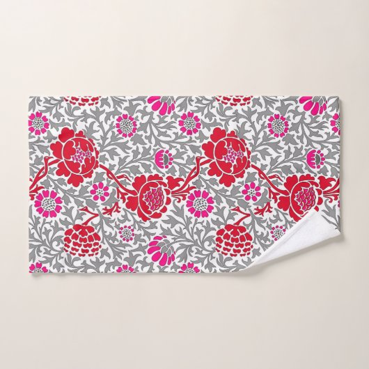 Jacobean Floral, Deep Red Pink en Grey Bad Handdoek (Handdoek)