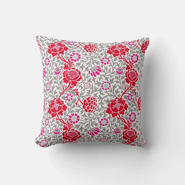 Jacobean Floral, Deep Red, Pink en Grey Kussen (Voorkant)