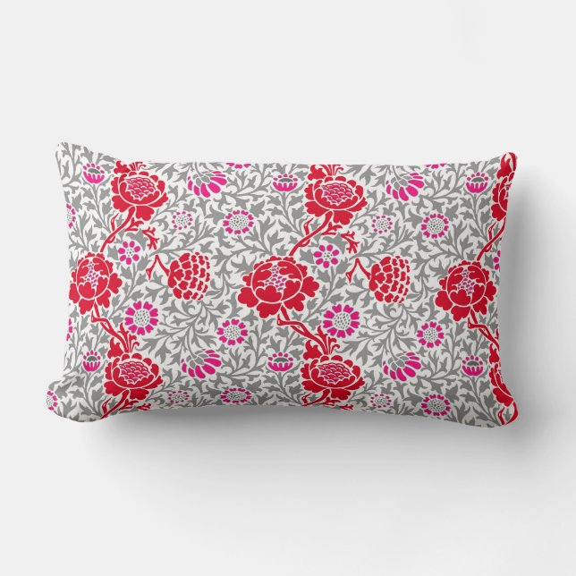 Jacobean Floral, Deep Red, Pink en Grey Lumbar Pi Kussen (Voorkant)