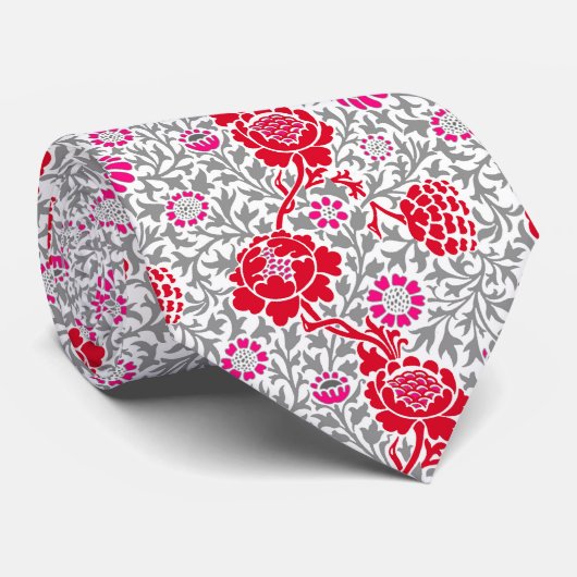 Jacobean Floral, Deep Red, Pink en Grey Stropdas (Opgerold)