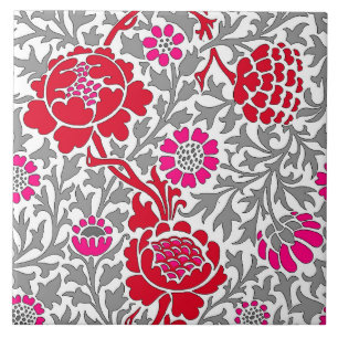 Jacobean Floral, Deep Red Pink en Grey Tegeltje
