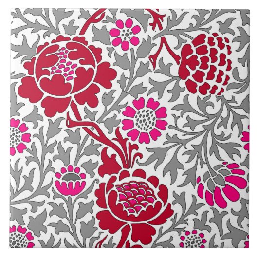Jacobean Floral, Deep Red Pink en Grey Tegeltje (Voorkant)