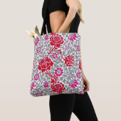Jacobean Floral, Deep Red Pink en Grey Tote Bag (Dichtbij)