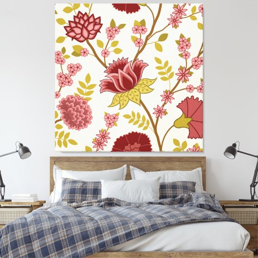 Jacobean Floral LG Pattern Reds Pinks Gold Cream Canvas Afdruk (Insitu (Slaapkamer))