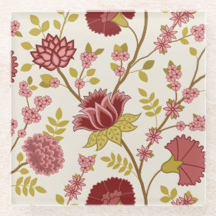Jacobean Floral LG Pattern Reds Pinks Gold Cream Glazen Onderzetter