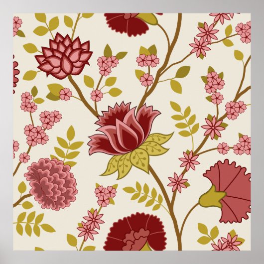 Jacobean Floral LG Pattern Reds Pinks Gold Cream Poster (Voorkant)