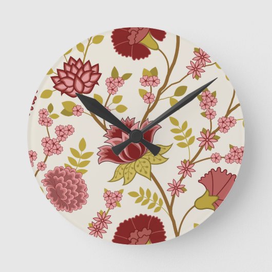Jacobean Floral LG Pattern Reds Pinks Gold Cream Ronde Klok (Voorkant)
